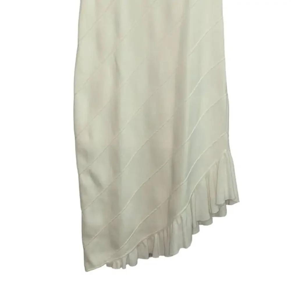 NWT Bebe White Bodycon Scalloped Neckline Mesh Ruffled Diagonal Bottom Dress XS - Picture 3 of 9